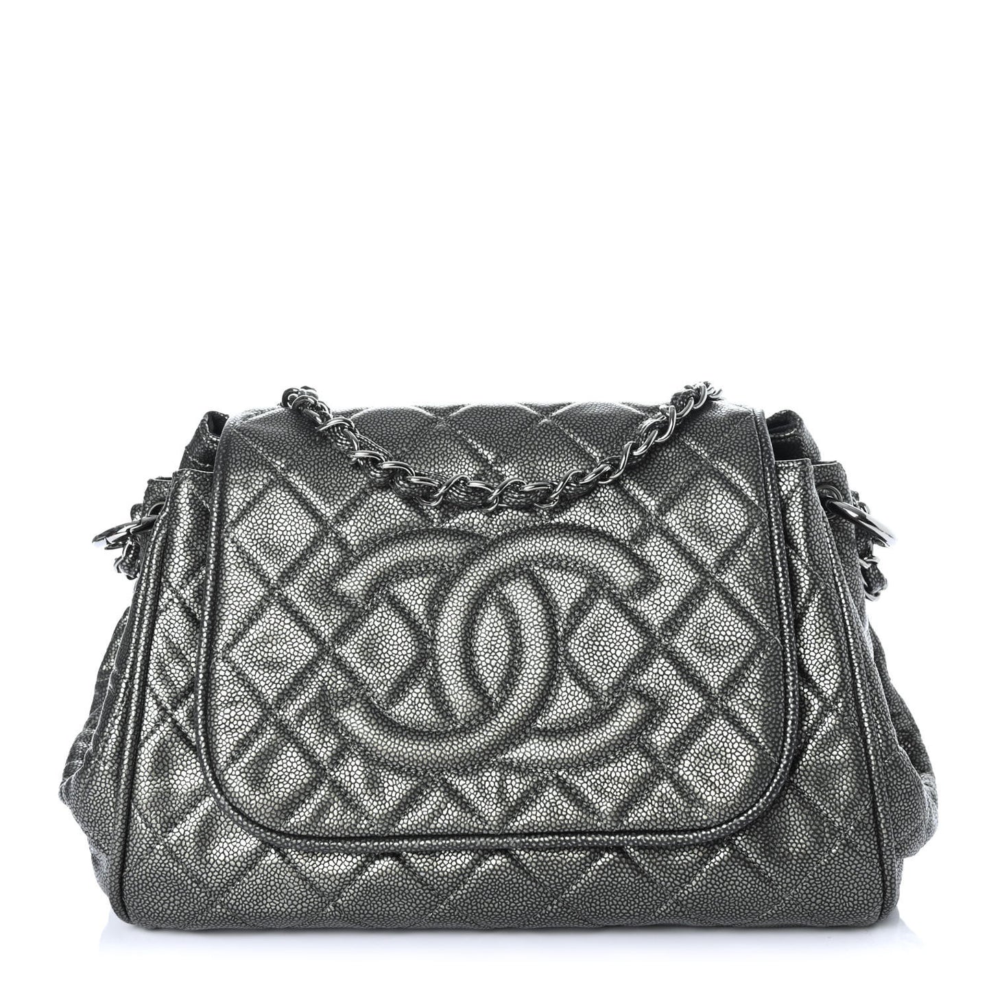 Metallic Caviar Quilted Timeless Accordion Flap Dark Silver