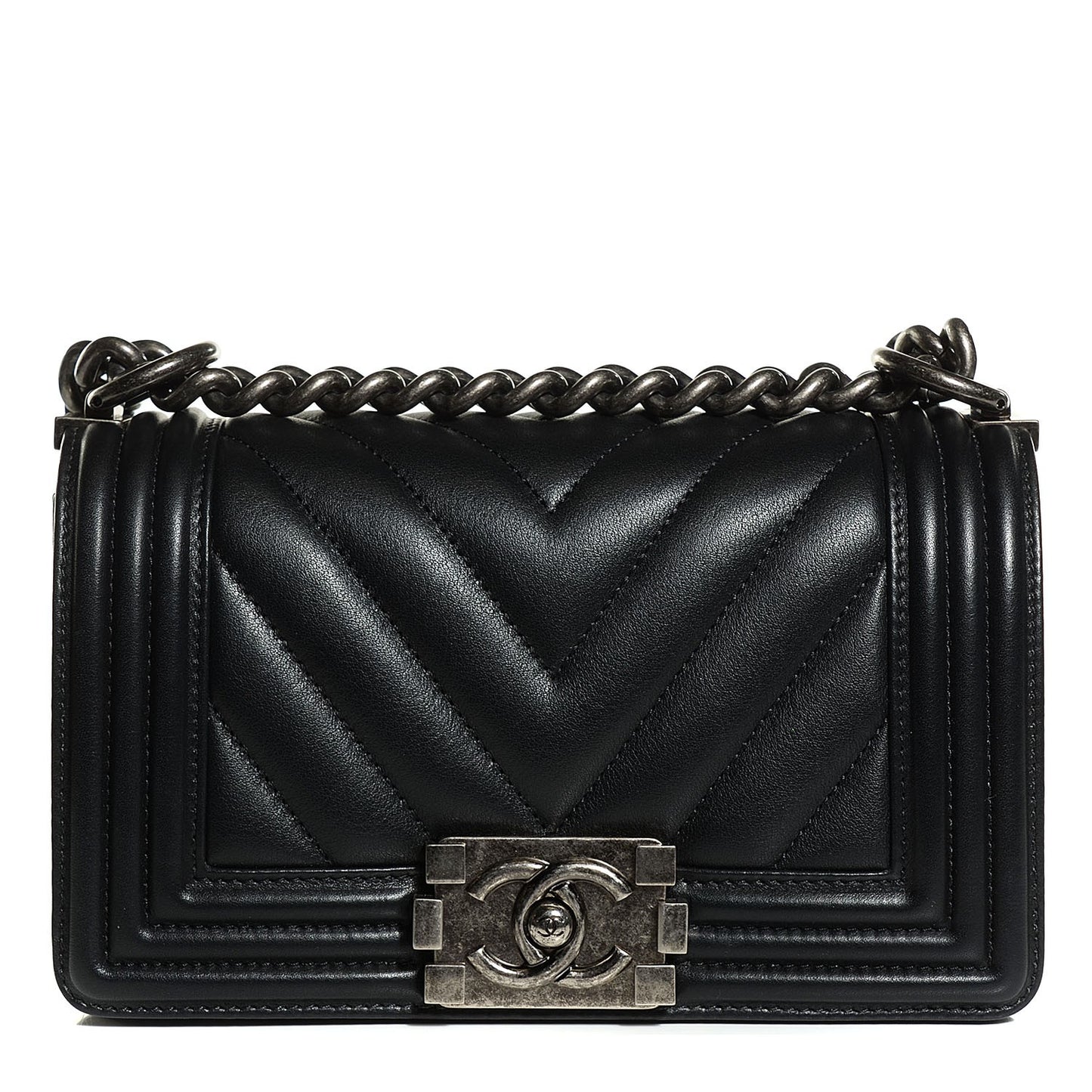 Calfskin Chevron Quilted Small Boy Flap Black