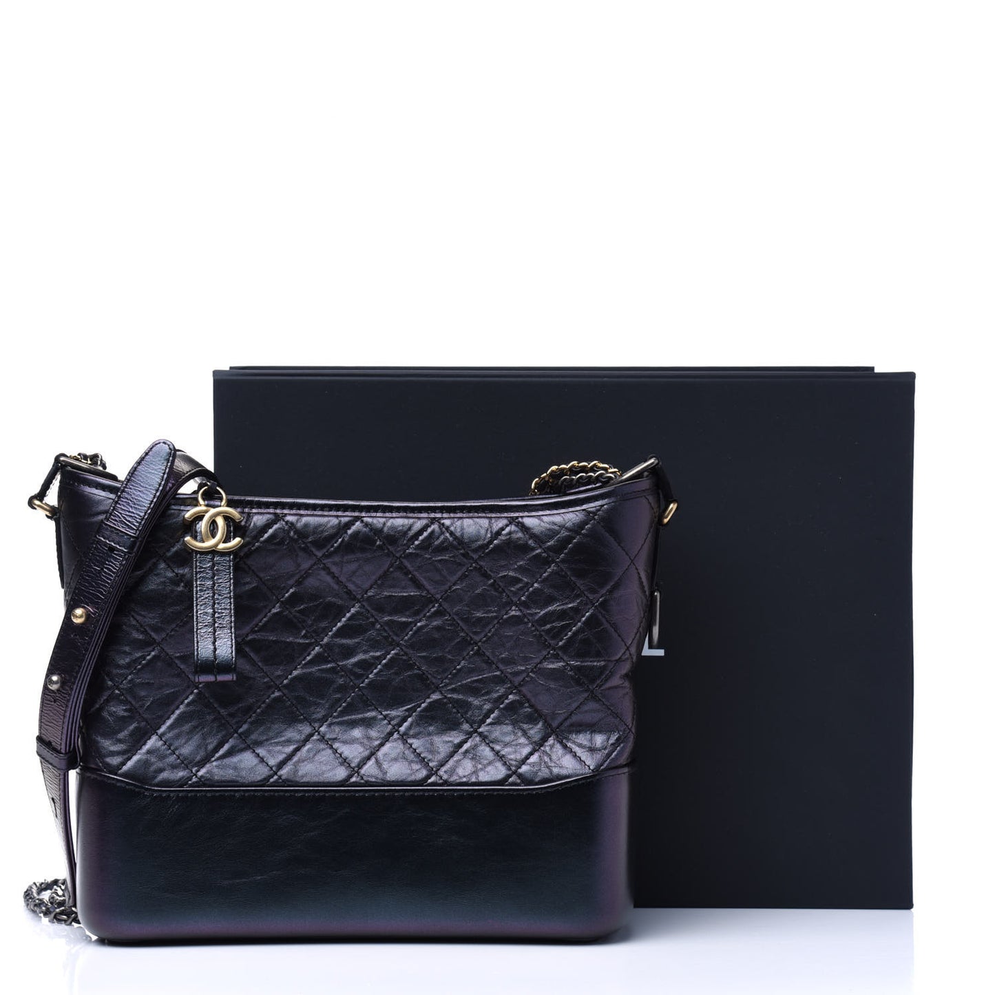 Iridescent Aged Calfskin Quilted Medium Gabrielle Hobo Black