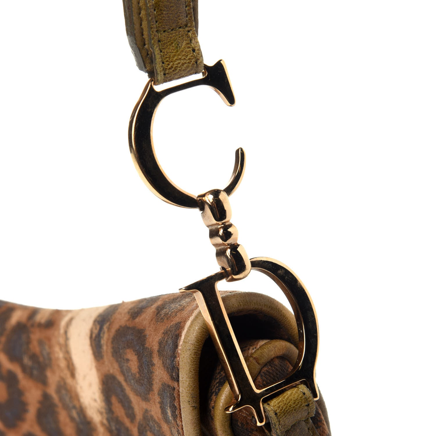 Christian Dior Canvas Leopard Print Ostrich Saddle Bag Brown Green 9 of 14