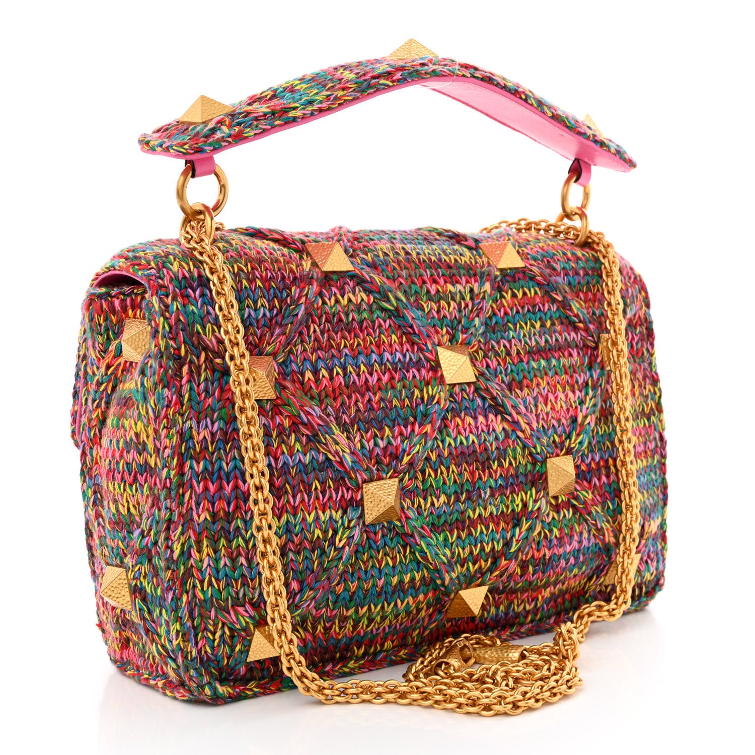 Valentino Garavani Wool Woven Large Roman Stud Shoulder Bag Multicolor Feminine Pink 3 of 9
