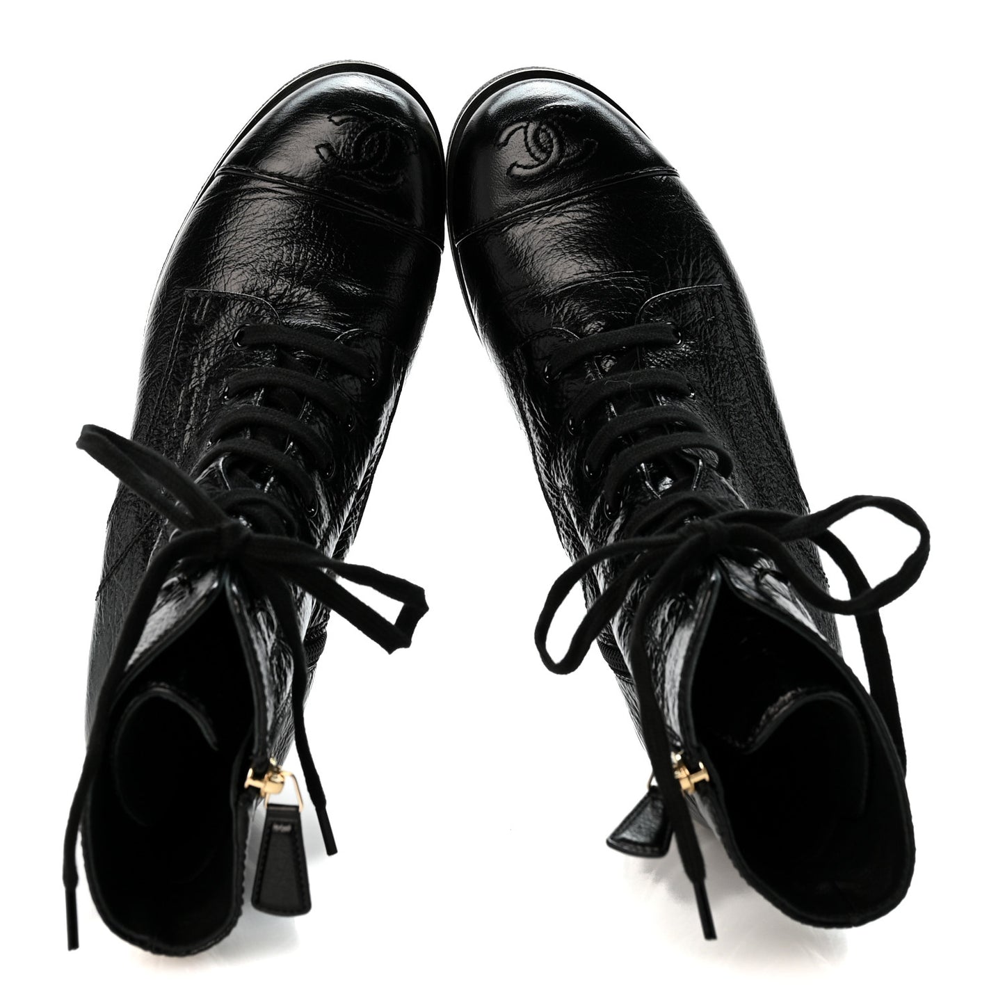 Shiny Crumpled Lambskin Lace Up Combat Boots 38 Black