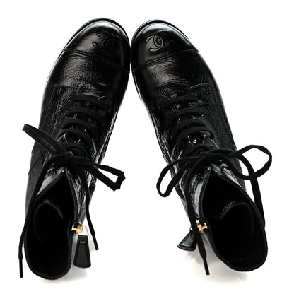 Chanel Shiny Crumpled Lambskin Lace Up Combat Boots 38 Black 2 of 10
