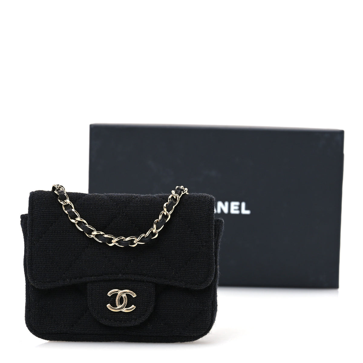 Jersey Quilted Flap Chain Waist Bag Black