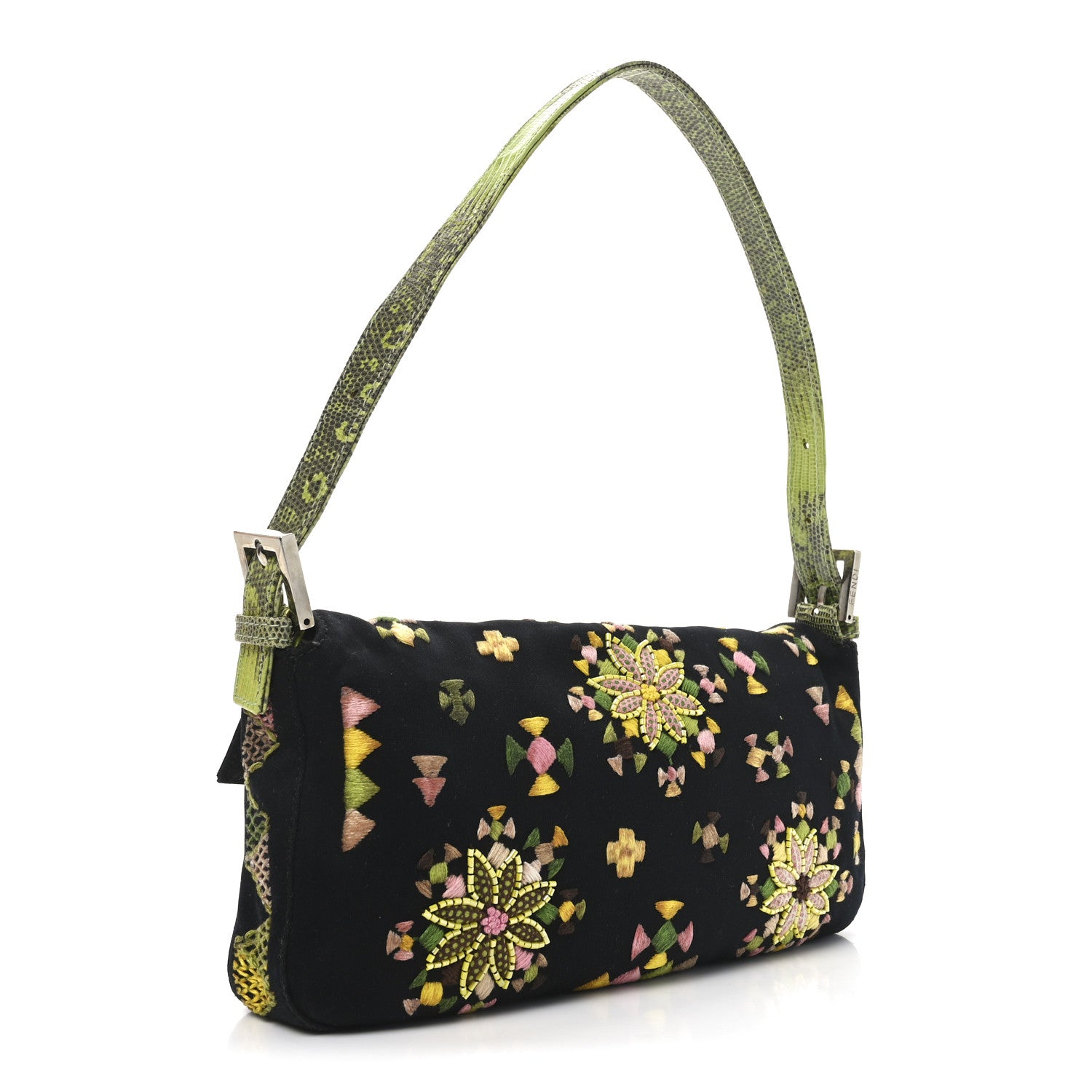 Fendi Neoprene Lizard Beaded Embroidered Baguette Black Green