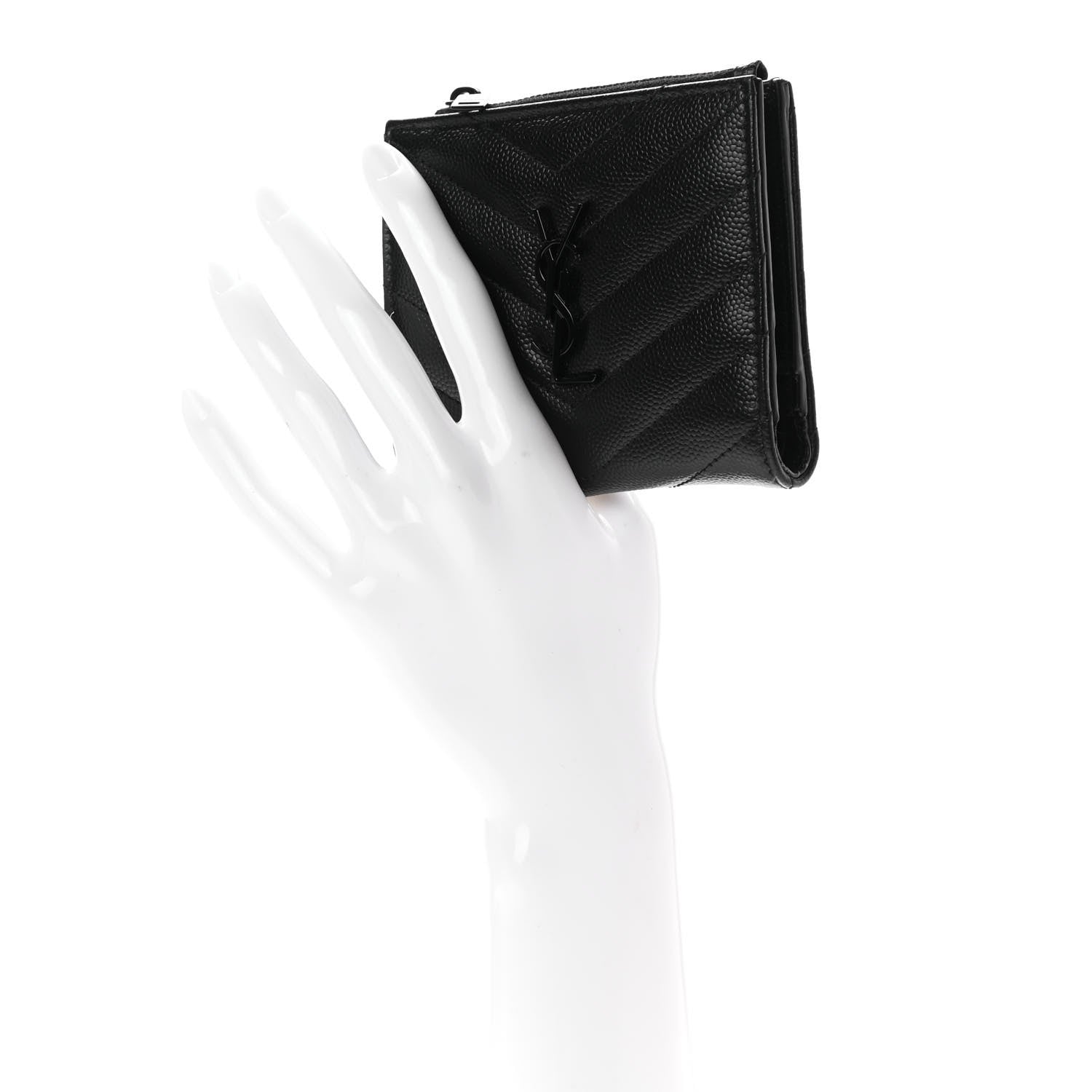 Saint Laurent Grain De Poudre Matelasse Chevron Monogram Zipped Card Case Black 2 of 7