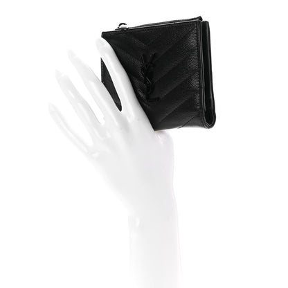 Saint Laurent Grain De Poudre Matelasse Chevron Monogram Zipped Card Case Black 2 of 7