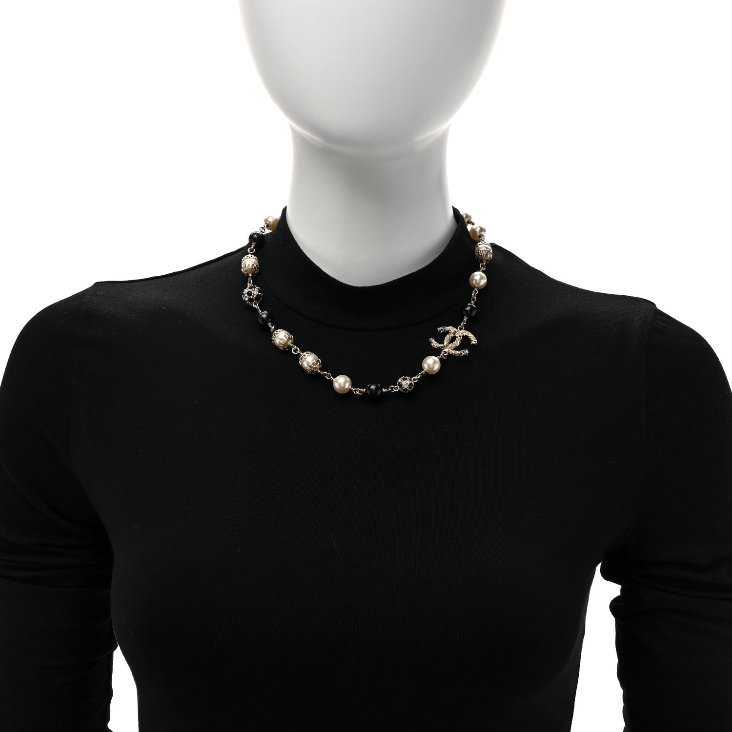 Chanel Pearl Crystal Bead CC Choker Necklace Black Gold 2 of 5