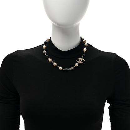 Chanel Pearl Crystal Bead CC Choker Necklace Black Gold 2 of 5