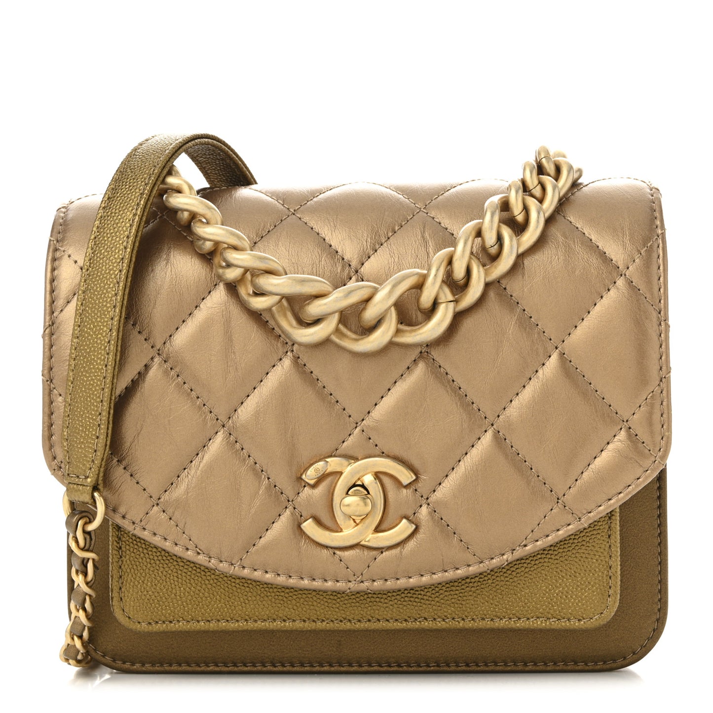 Metallic Calfskin Caviar Quilted Mini Chain Handle Flap Gold