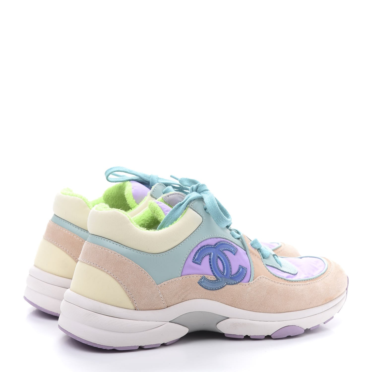Chanel Nylon Lambskin Suede Calfskin CC Sneakers 37.5 Green Purple Pink 4 of 9