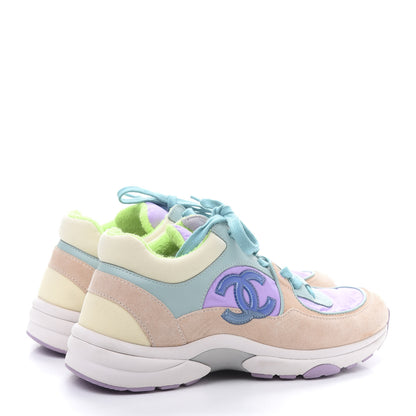 Chanel Nylon Lambskin Suede Calfskin CC Sneakers 37.5 Green Purple Pink 4 of 9