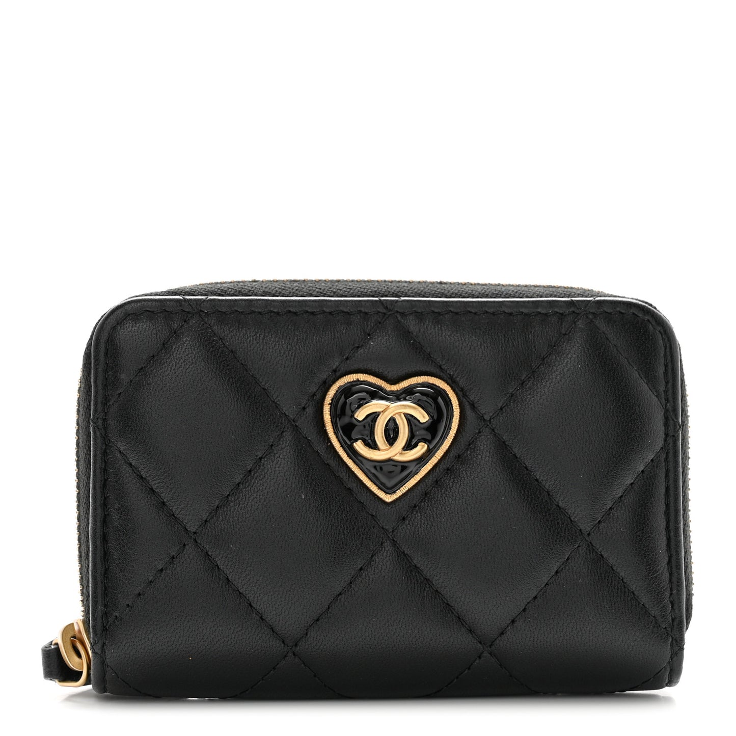 Lambskin Plexiglass Quilted Coco Love Zip Coin Purse Black