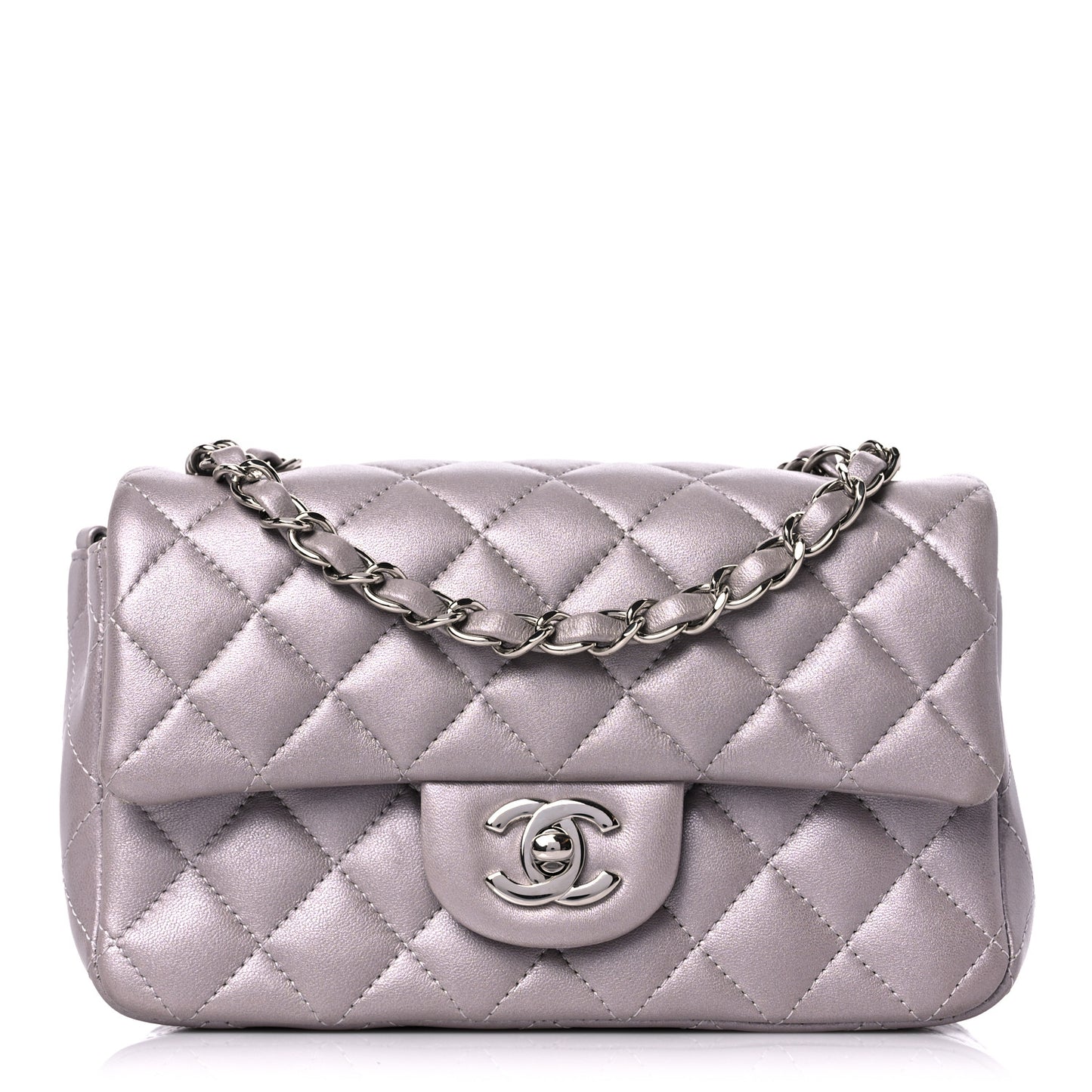 Metallic Lambskin Quilted Mini Rectangular Flap Light Silver