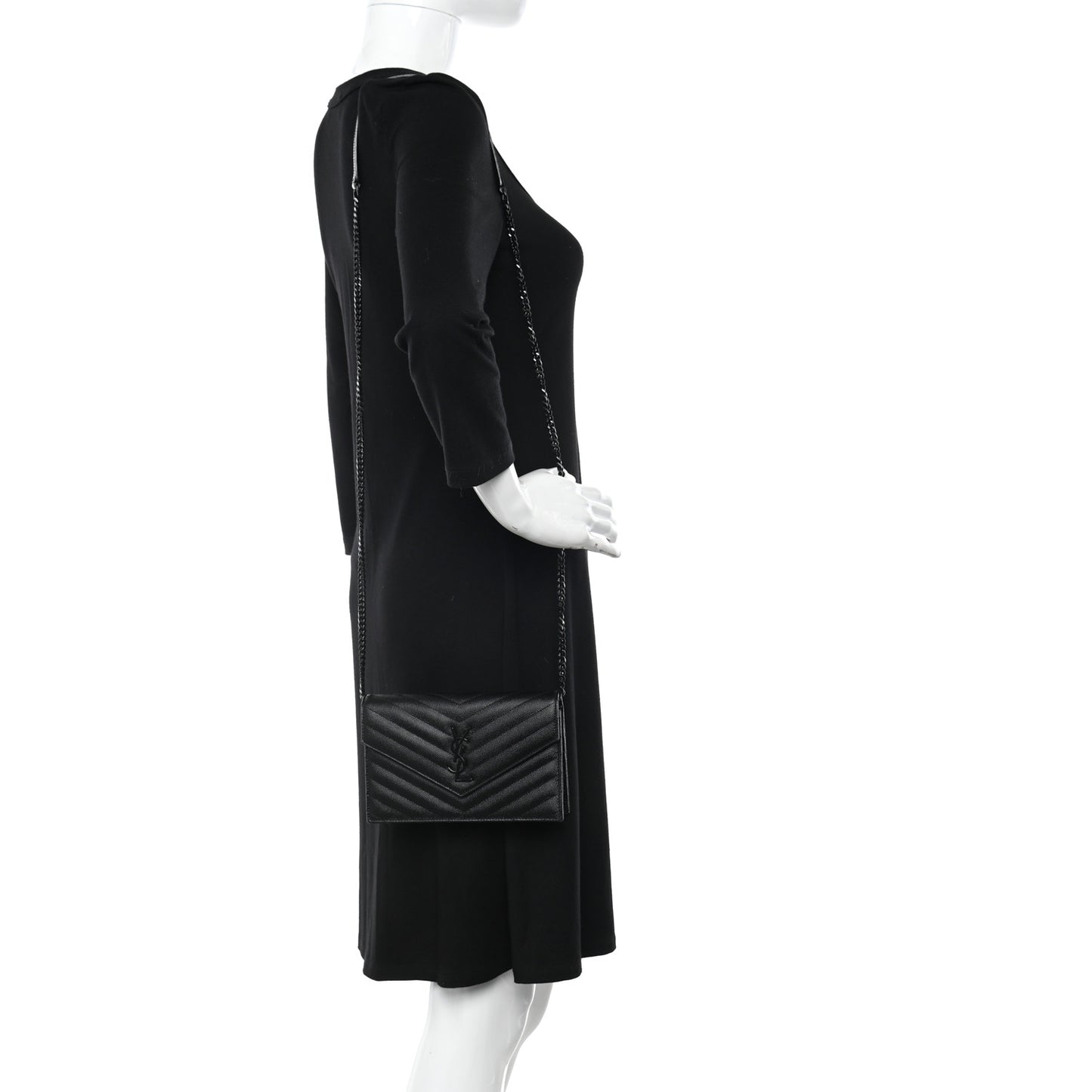 Grain De Poudre Matelasse Chevron Monochrome Monogram Envelope Chain Wallet Black