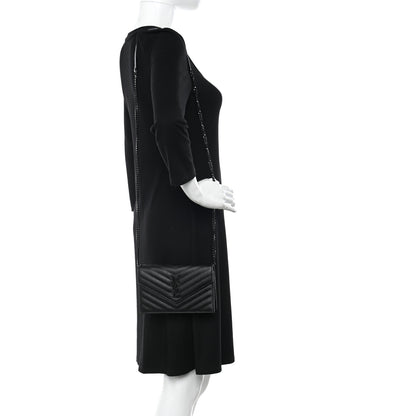 Saint Laurent Grain De Poudre Matelasse Chevron Monochrome Monogram Envelope Chain Wallet Black 2 of 13