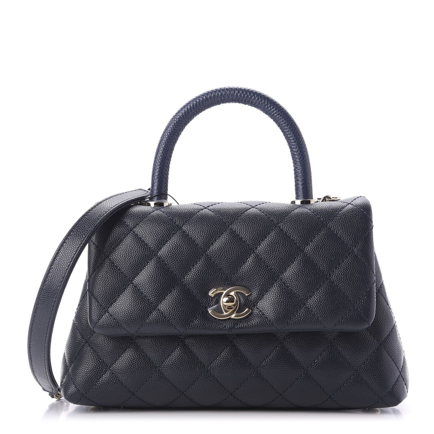 Caviar Quilted Lizard Embossed Mini Coco Handle Flap Navy Blue