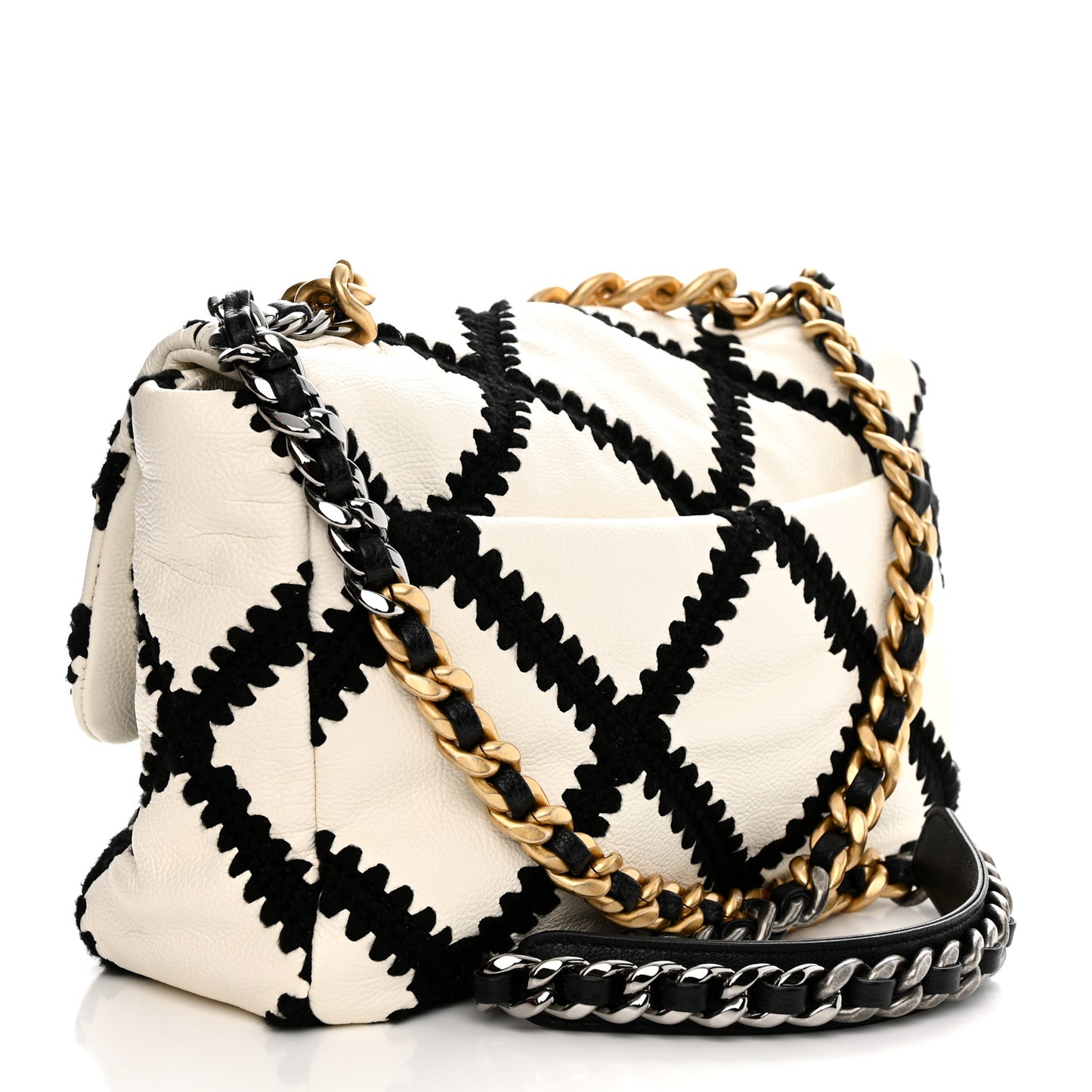 Calfskin Crochet Large Chanel 19 Flap White Black