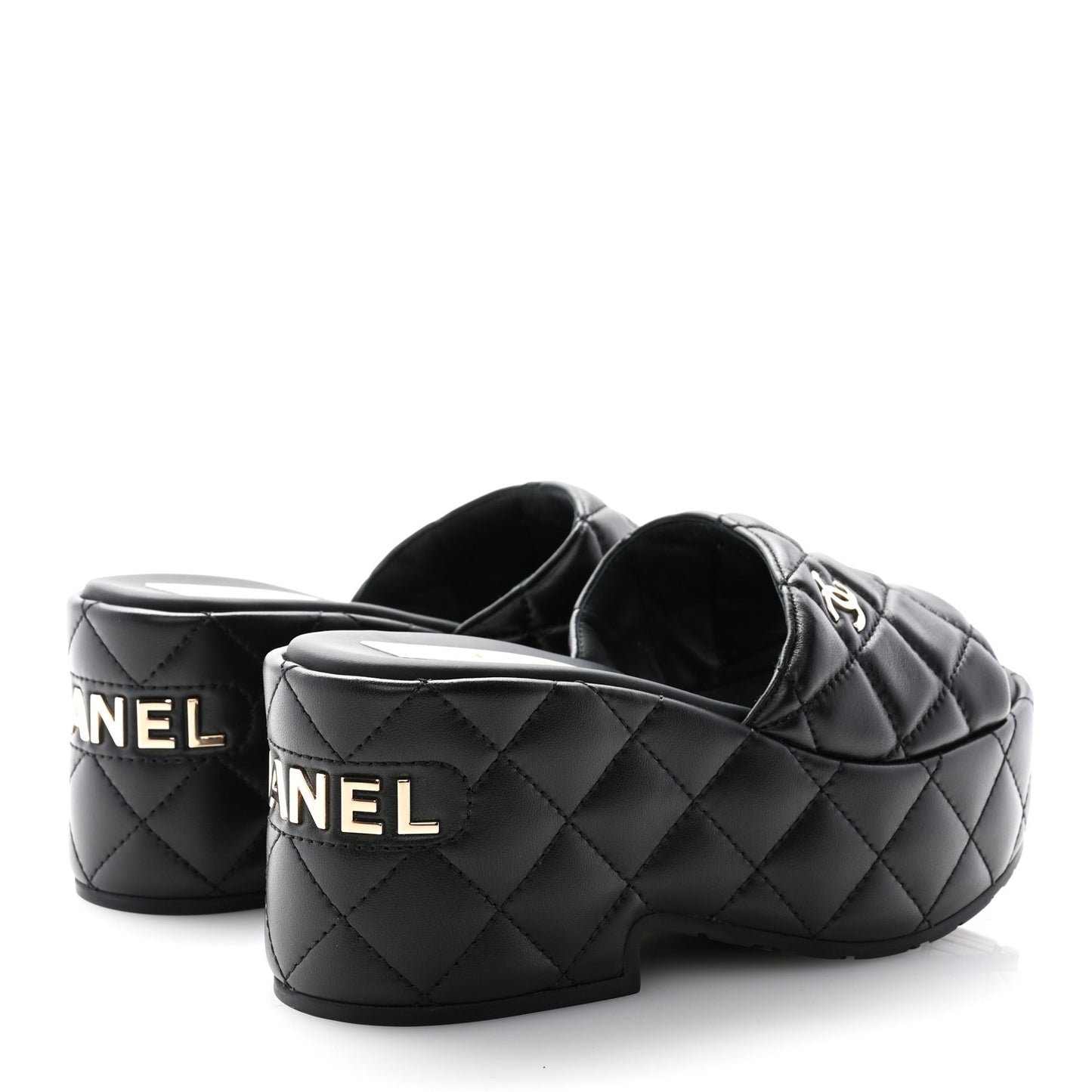 Lambskin Quilted CC Mules Wedge Sandals 35 Black