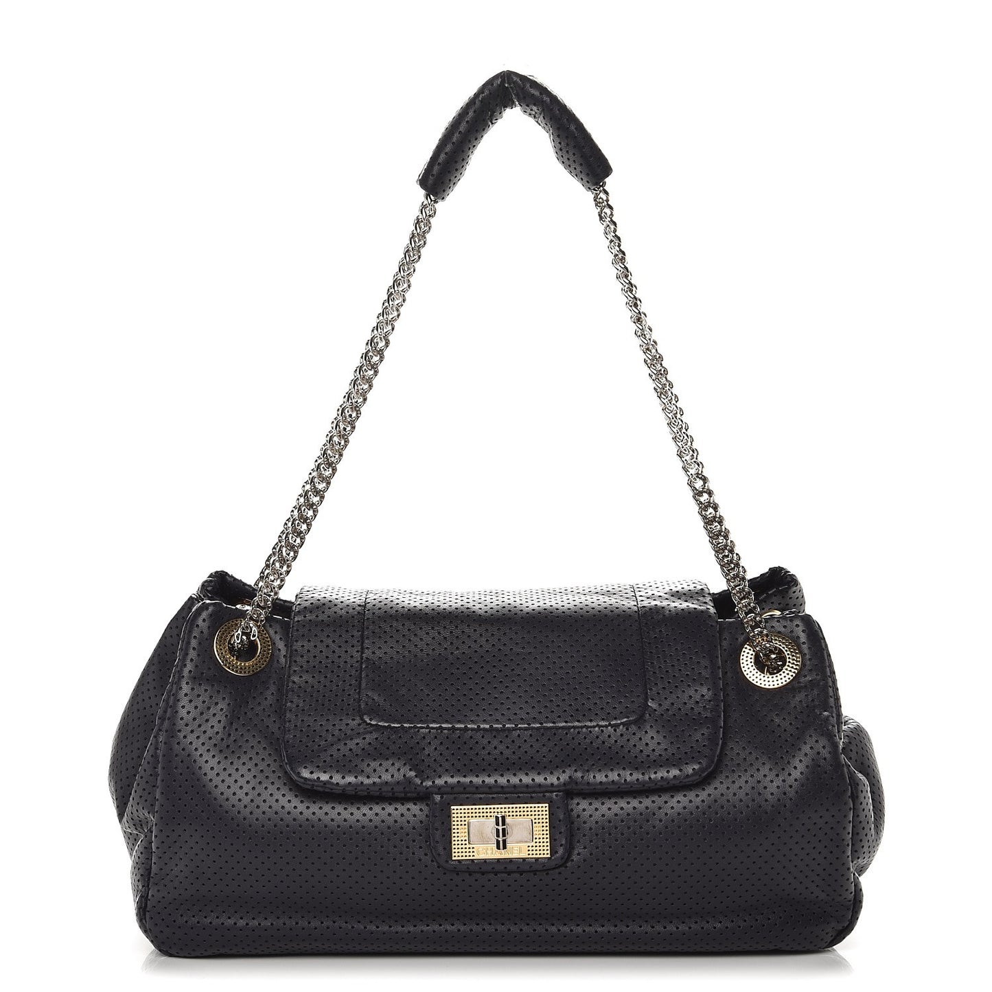 Calfskin Perforated Large Drill Accordion Flap Navy Blue
