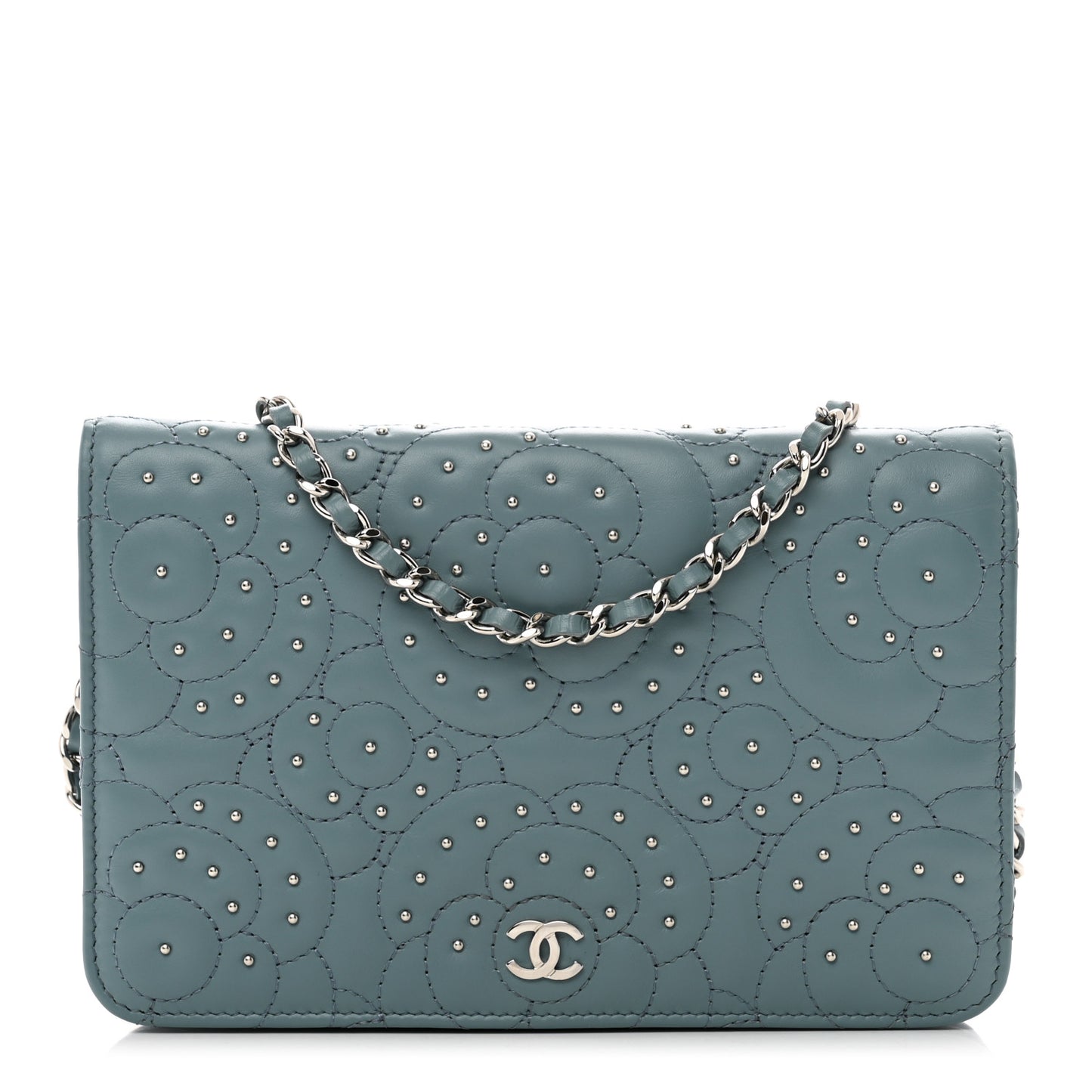 Lambskin Camellia Studded Wallet on Chain WOC Blue