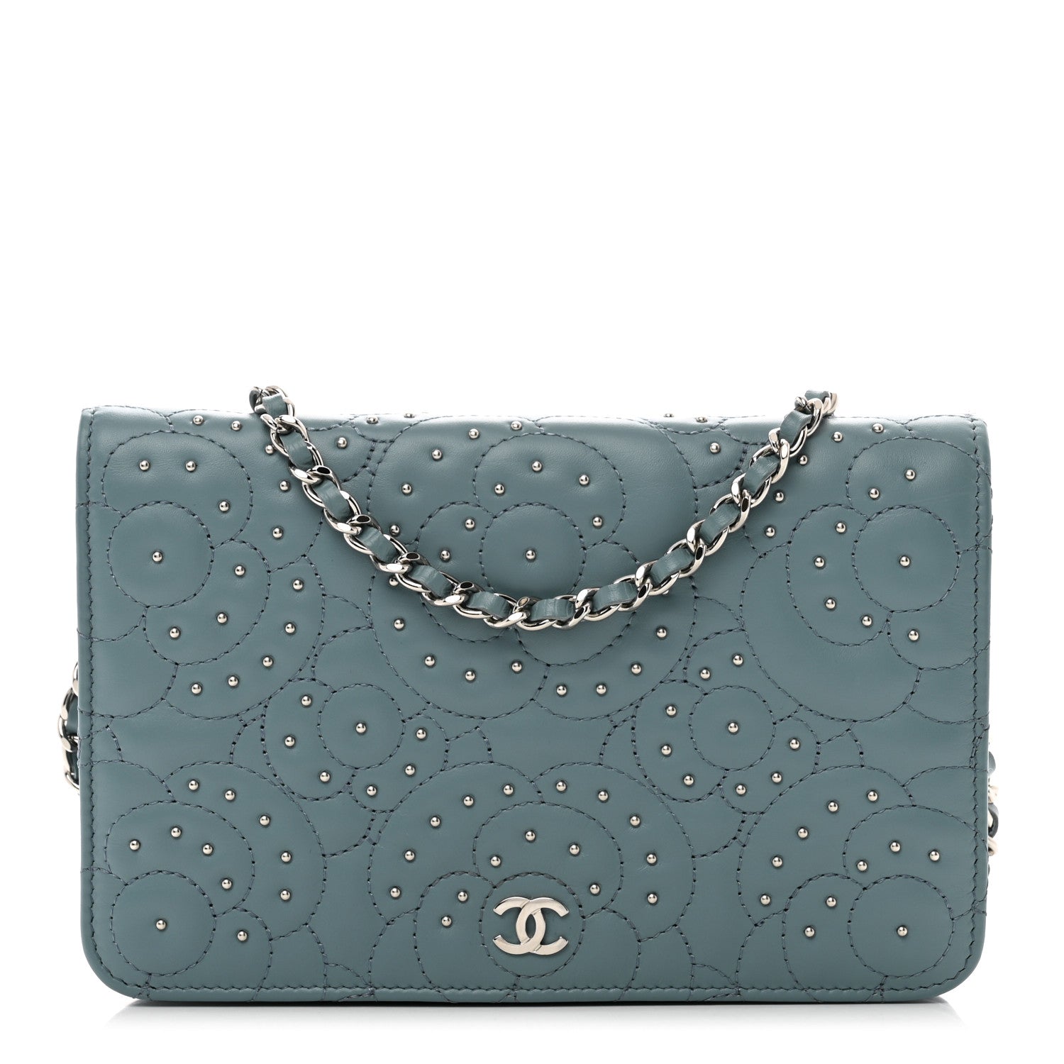 Chanel Lambskin Camellia Studded Wallet on Chain WOC Blue 1 of 12