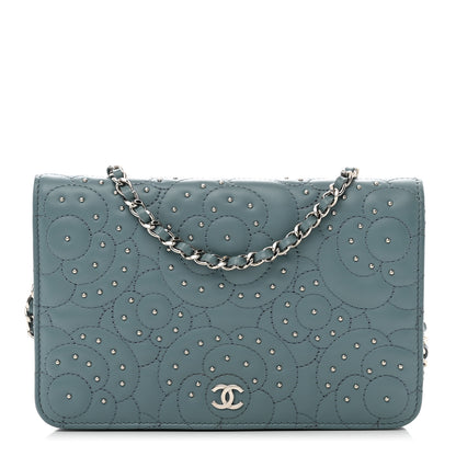 Chanel Lambskin Camellia Studded Wallet on Chain WOC Blue 1 of 12