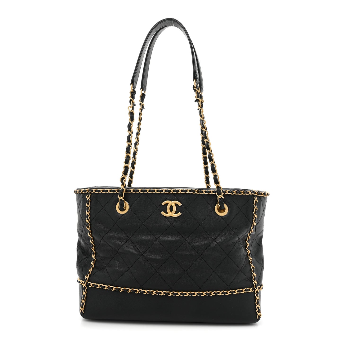 Calfskin Quilted Chain Lines Shopping Tote Black