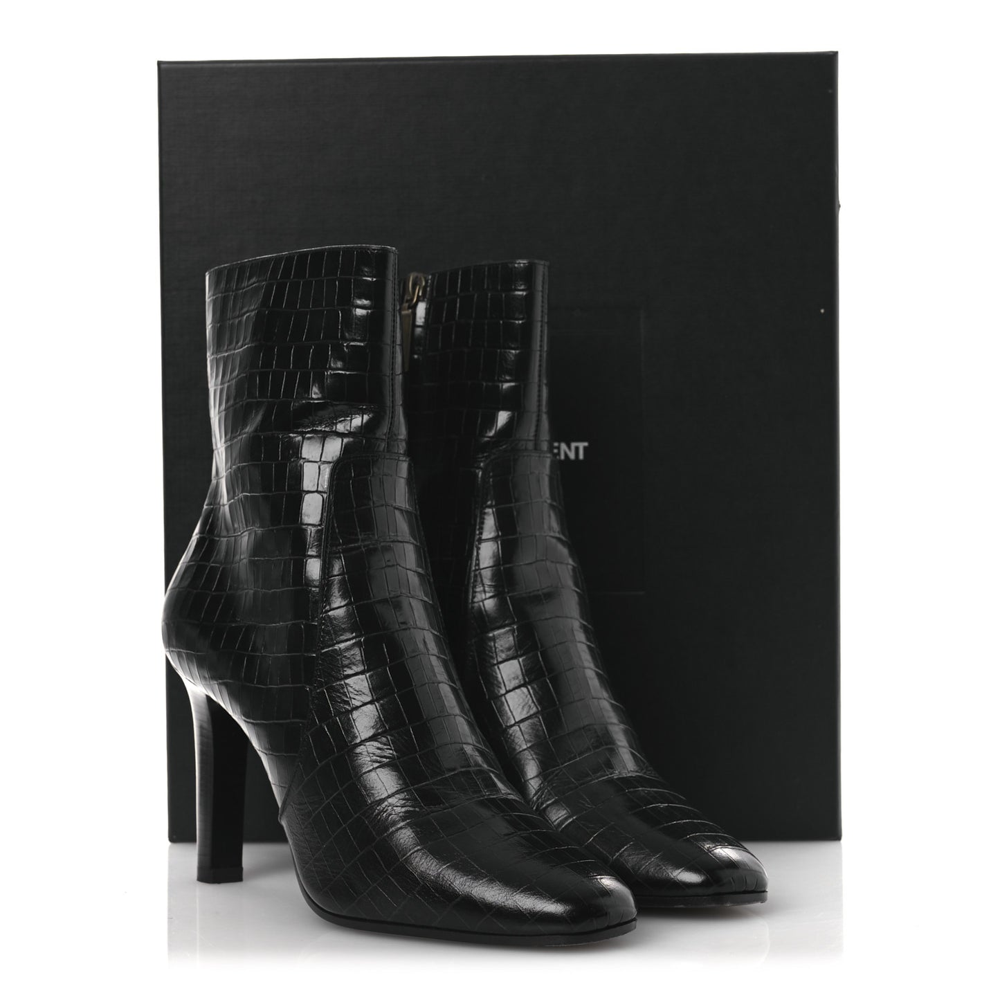 Shiny Crocodile Embossed Jane 90 Zip Booties 42 Black