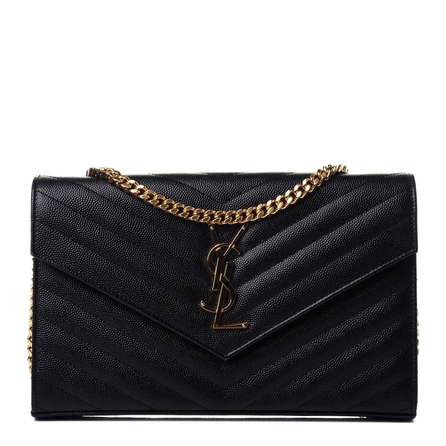 Saint Laurent Grain De Poudre Matelasse Chevron Monogram Chain Wallet Black 1 of 11