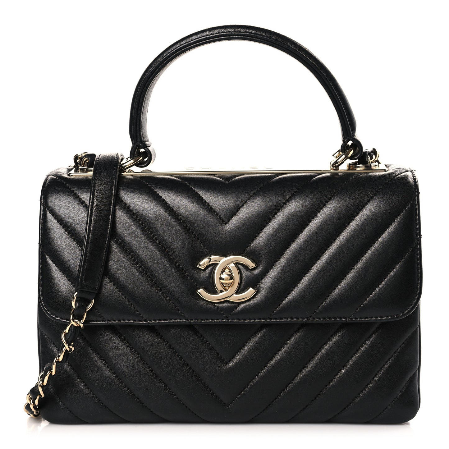 Lambskin Chevron Quilted Small Trendy CC Dual Handle Flap Bag Black