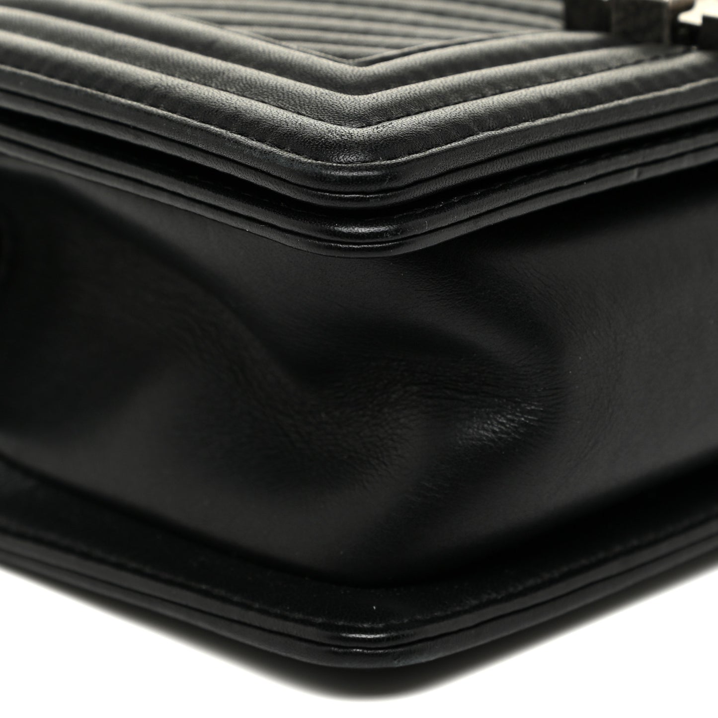 Calfskin Chevron Quilted Small Boy Flap Black