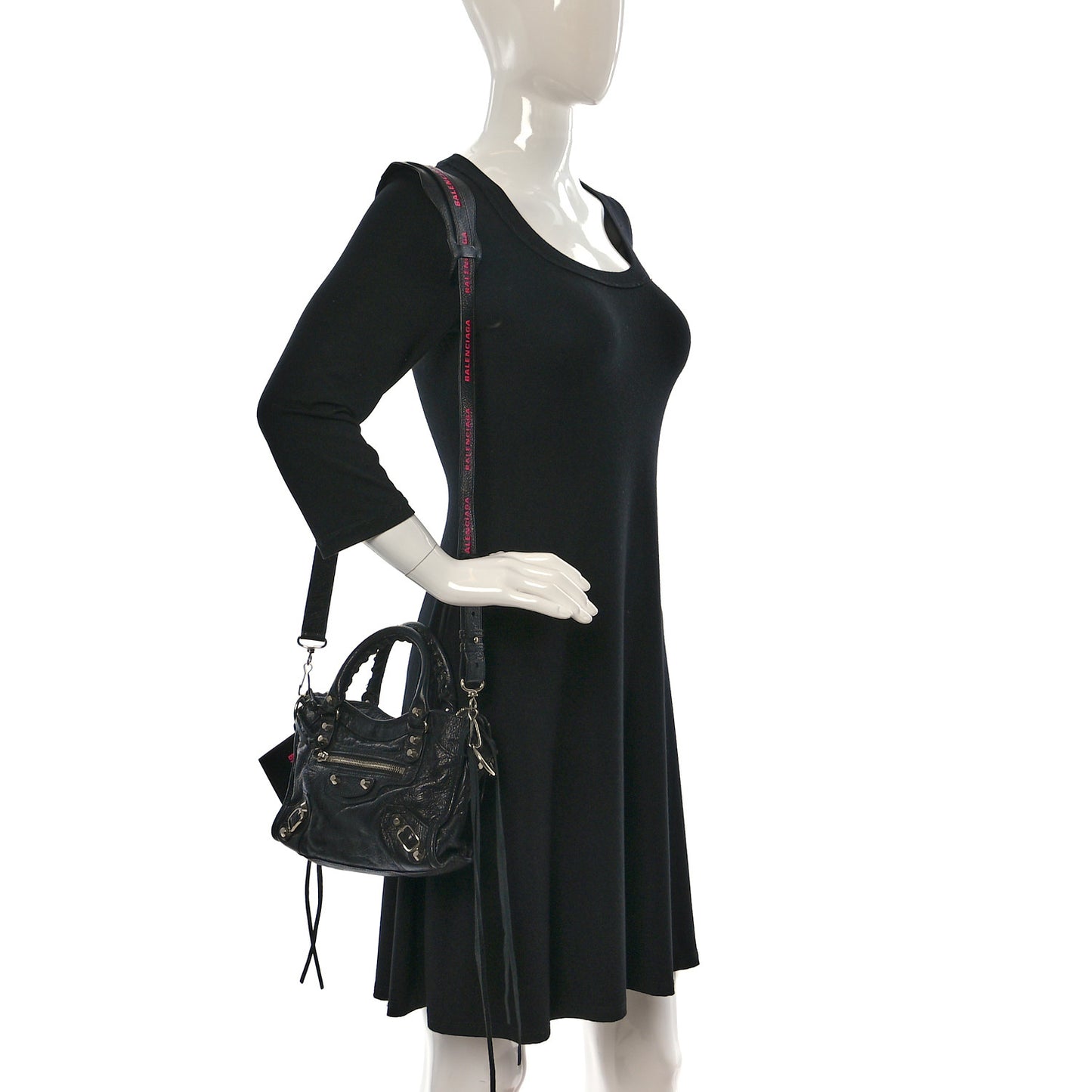 Agneau Classic Silver Hardware Mini City Logo Strap Black Pink