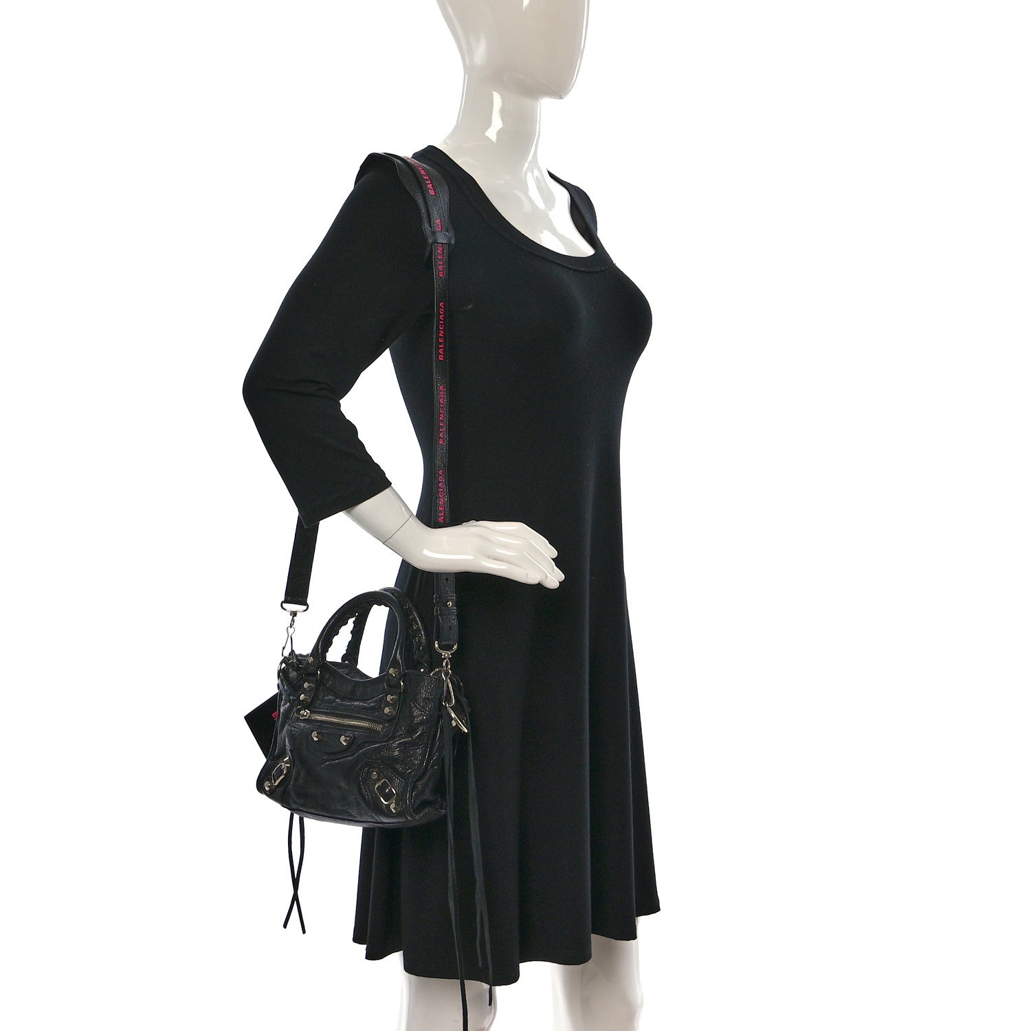 Balenciaga Agneau Classic Silver Hardware Mini City Logo Strap Black Pink 2 of 13