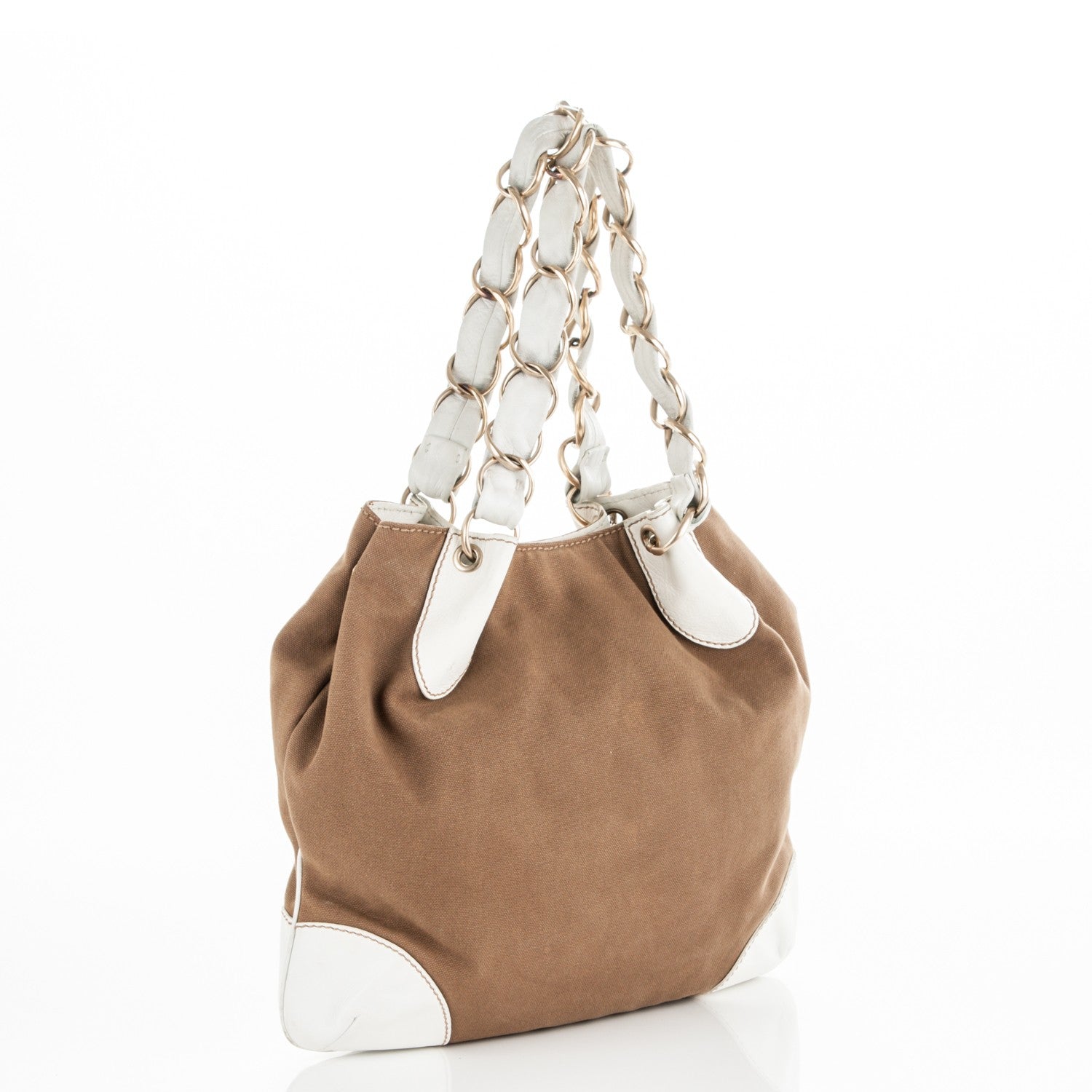 Chanel Canvas Calfskin CC Tote Brown White 3 of 6