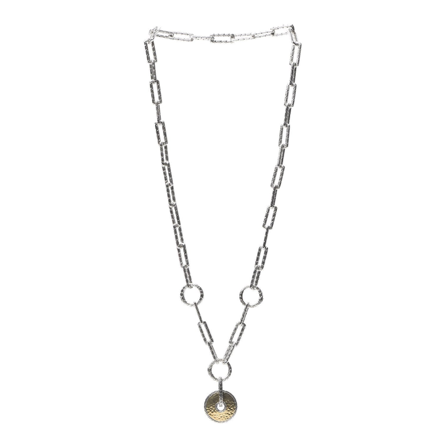 Sterling Silver 18K Yellow Gold Long Link Hammered Amulet Necklace