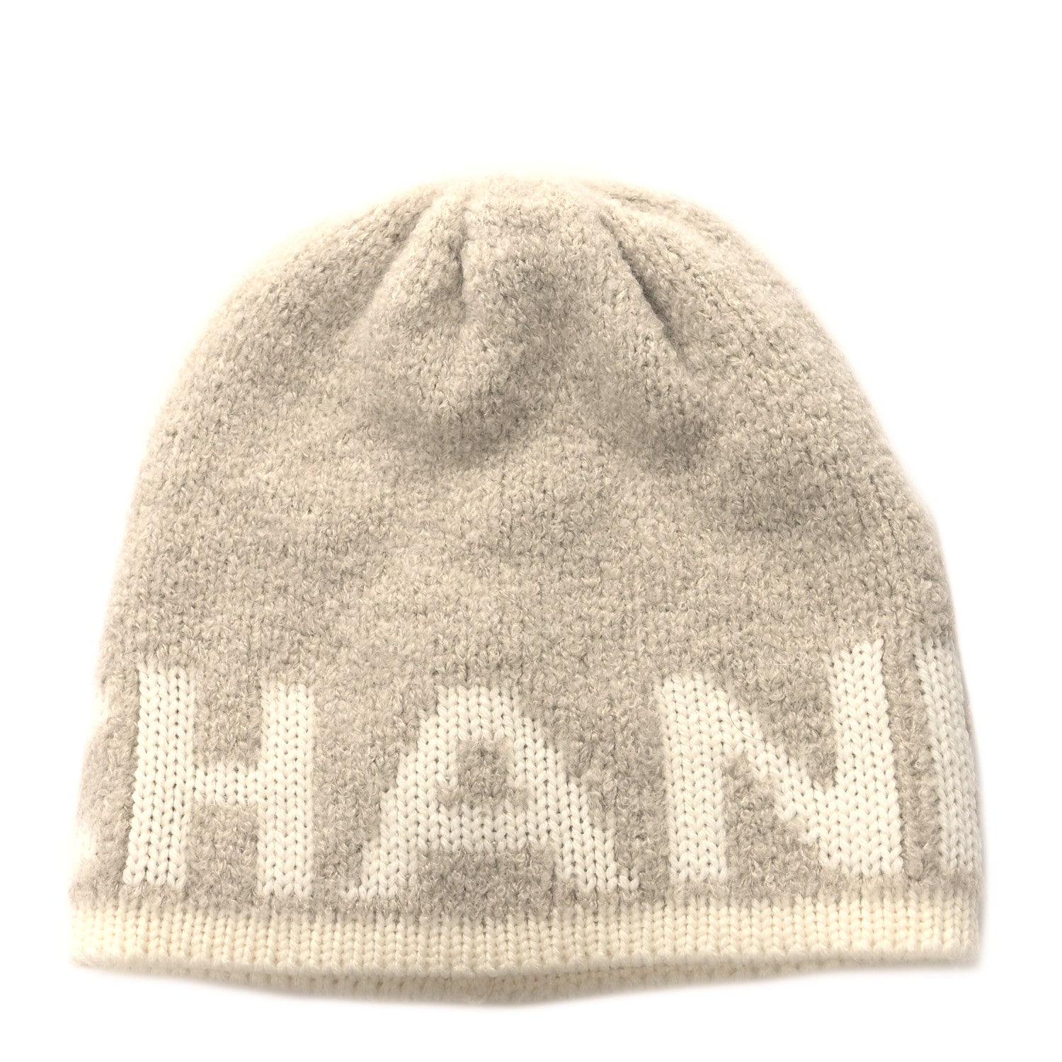Chanel Cashmere Wool Silk Logo Beanie Hat Beige White 1 of 4