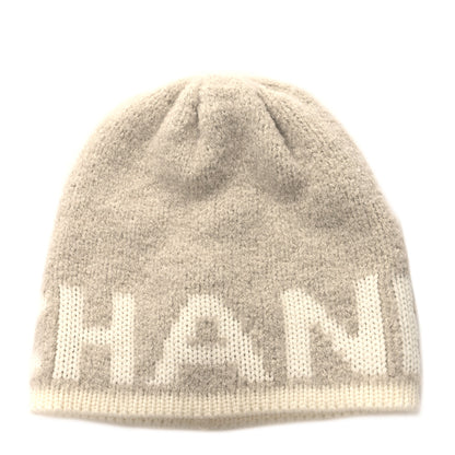 Chanel Cashmere Wool Silk Logo Beanie Hat Beige White 1 of 4