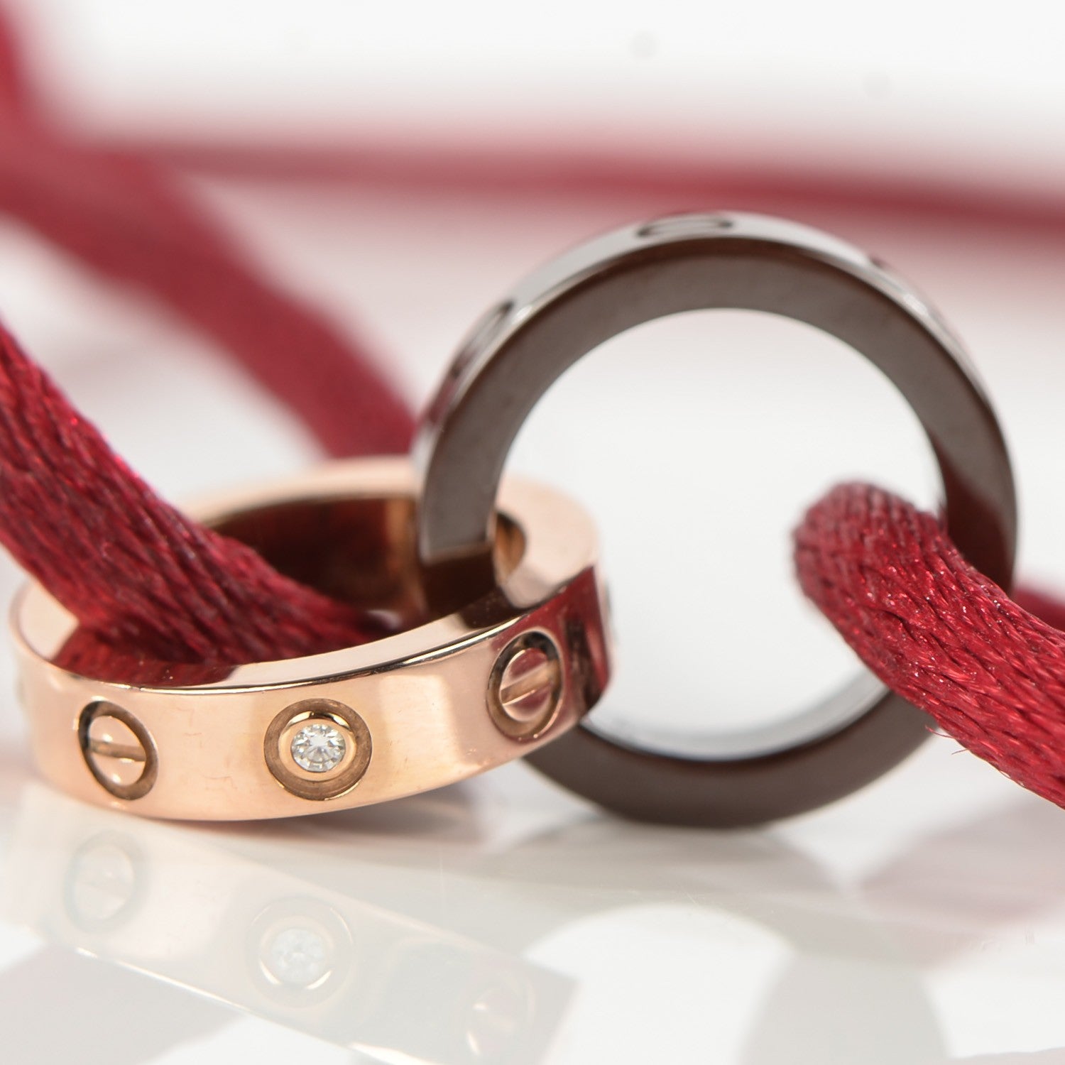 Cartier 18k Pink Gold Diamond Brown Ceramic Silk Adjustable Two Hoops Love Bracelet Red 2 of 10