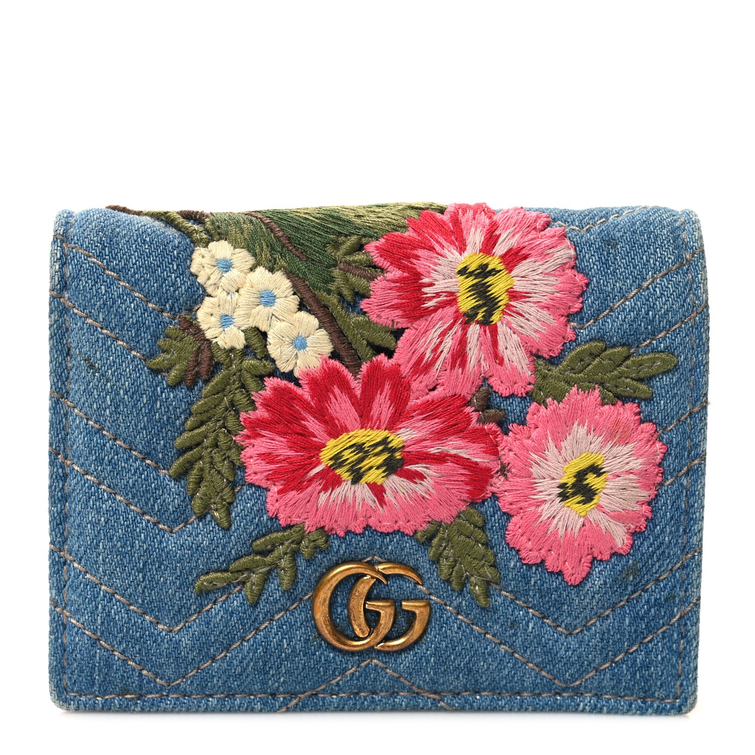 Gucci Denim Matelasse Floral Embroidered GG Marmont Card Case Wallet Blue 1 of 10