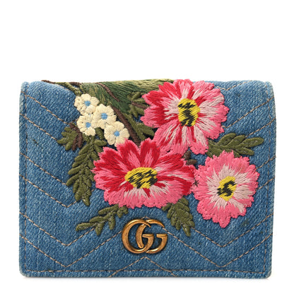 Gucci Denim Matelasse Floral Embroidered GG Marmont Card Case Wallet Blue 1 of 10