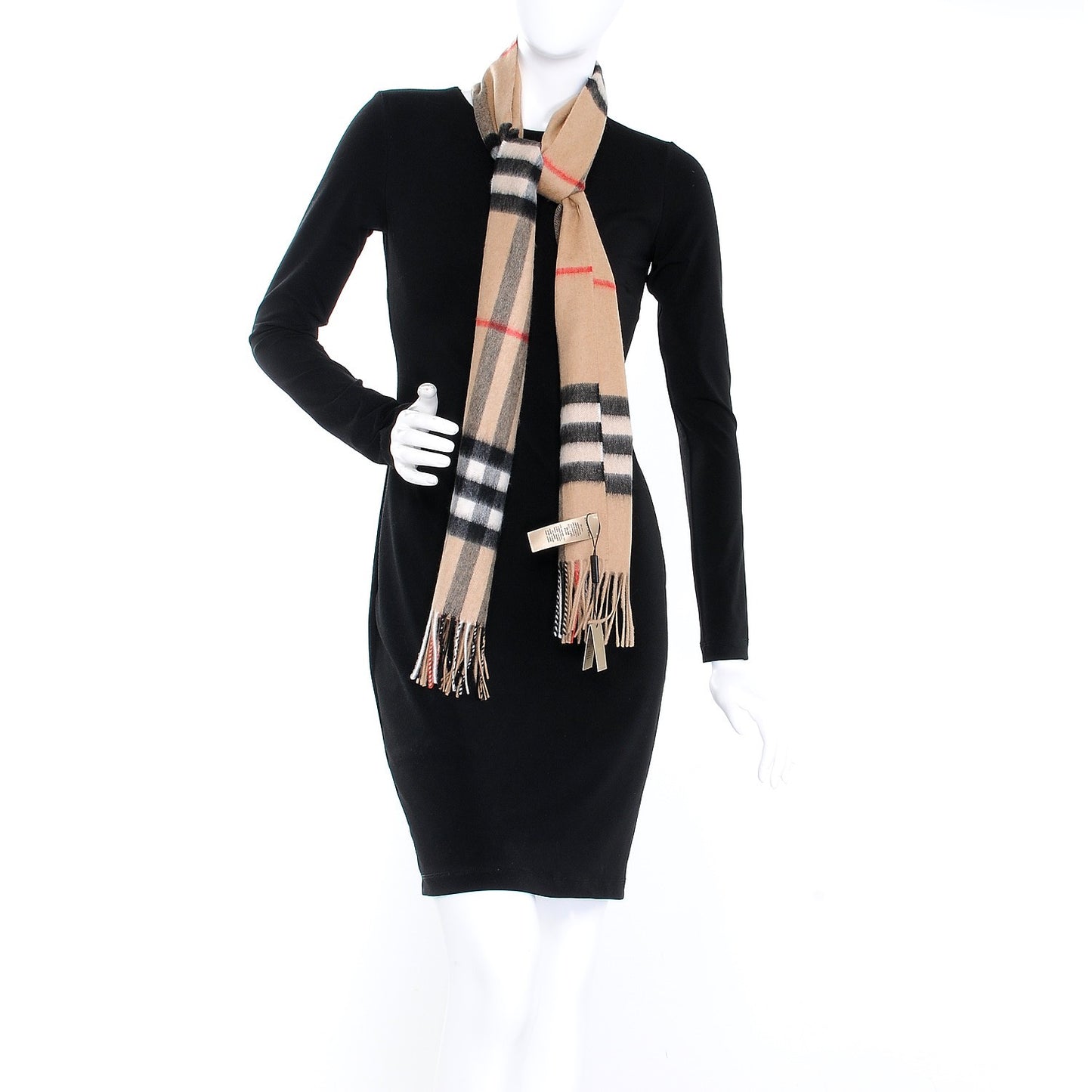 Cashmere Giant Check Fringe Scarf Camel