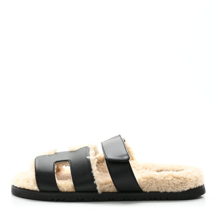 Hermes Calfskin Woolskin Womens Chypre Sandals 37 Black Ecru 1 of 9