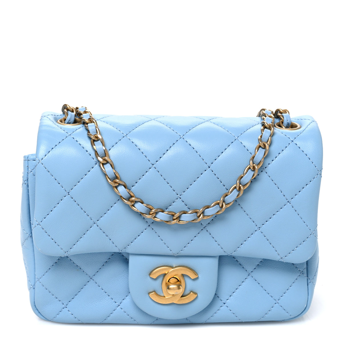 Lambskin Quilted Mini Pearl Crush Flap Light Blue