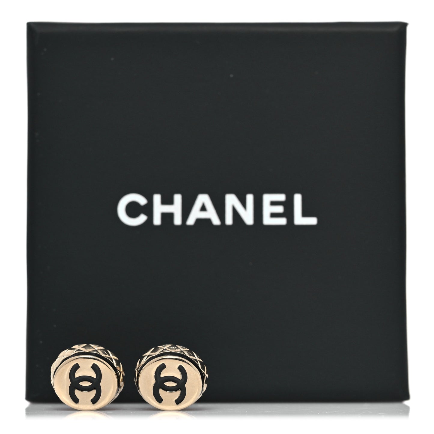 Metal Enamel Quilted CC Stud Earrings Gold Black