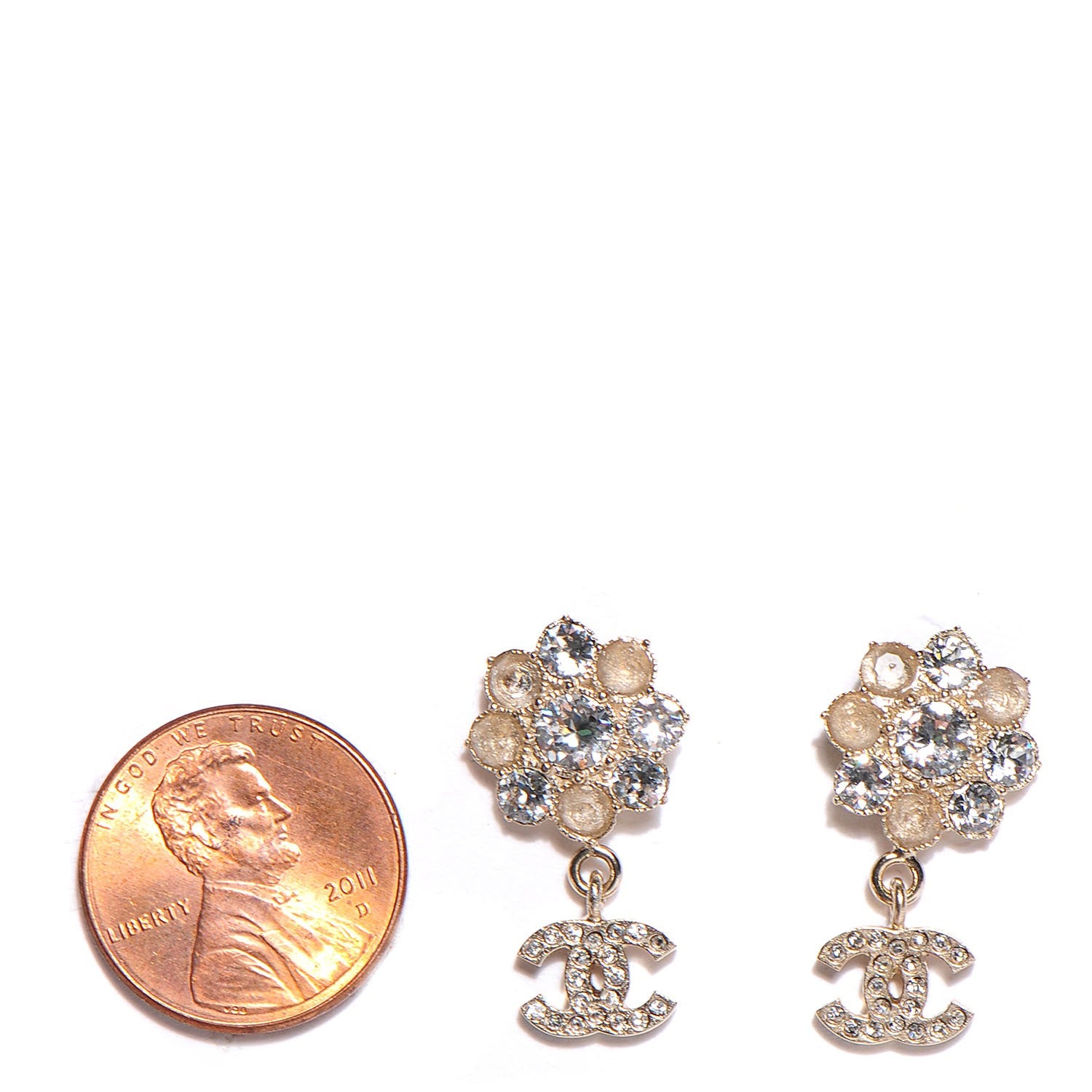 Chanel Crystal CC Flower Dangle Earrings Gold Beige 2 of 5
