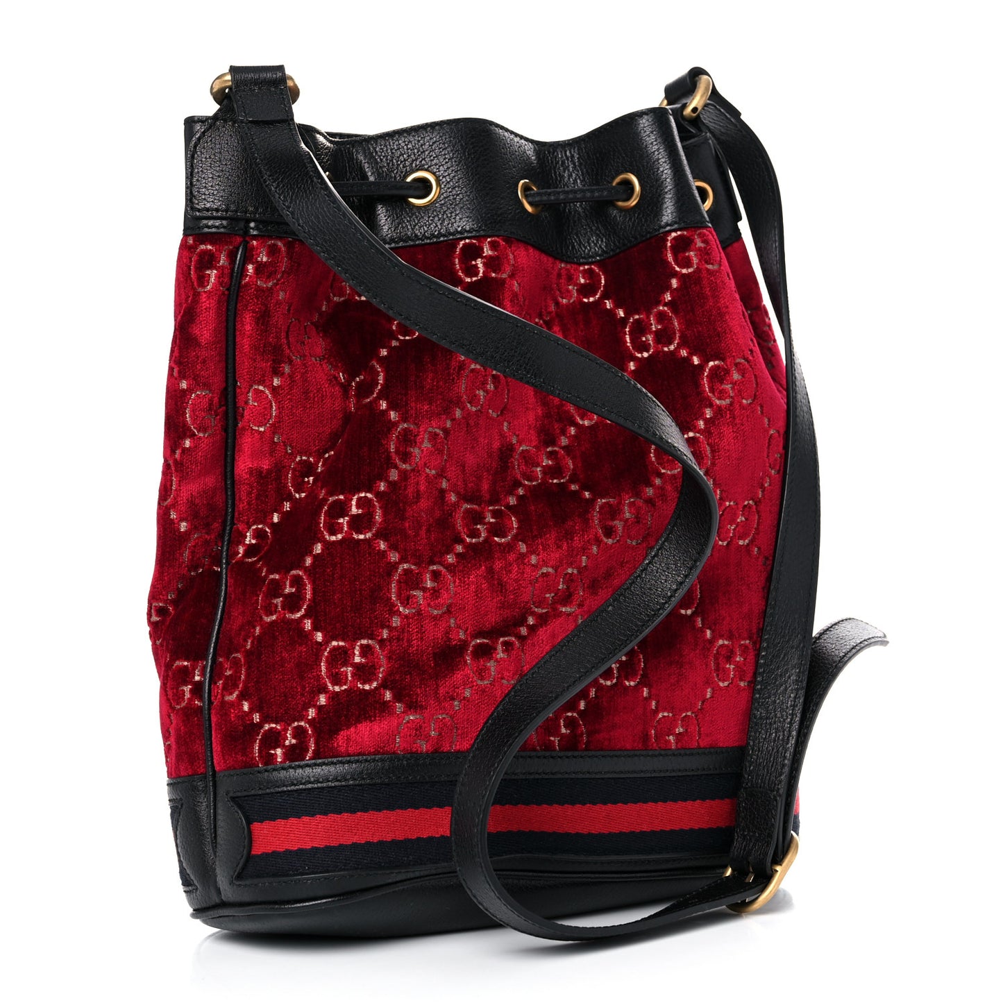 Velvet GG Monogram Textured Calfskin Web Bucket Bag Red Cipria Black