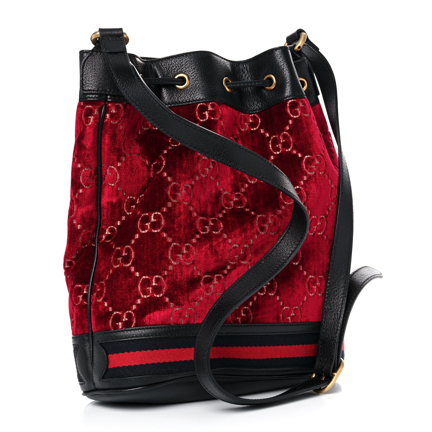 Gucci Velvet GG Monogram Textured Calfskin Web Bucket Bag Red Cipria Black 3 of 11