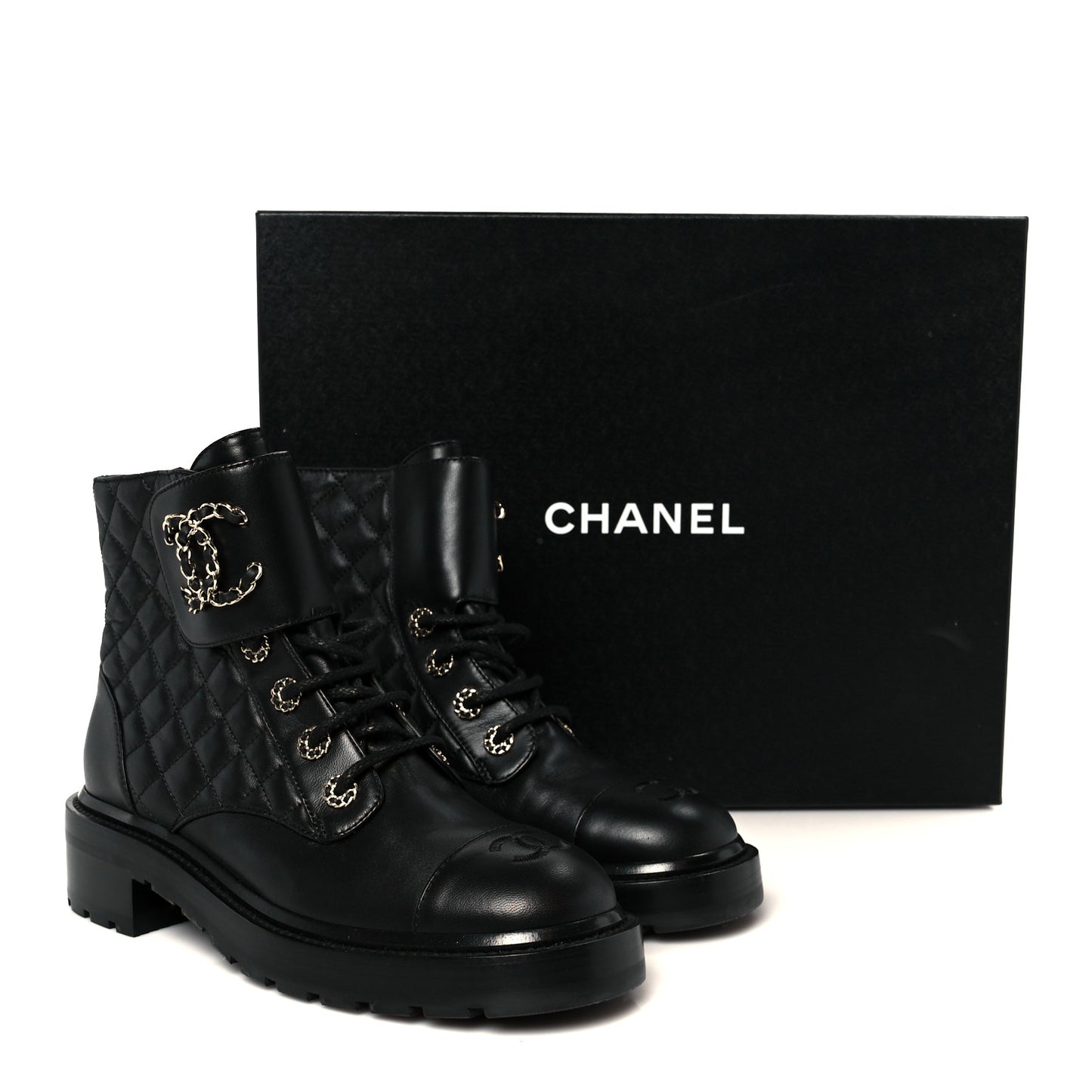 Shiny Lambskin Quilted Lace Up Combat Boots 39 Black