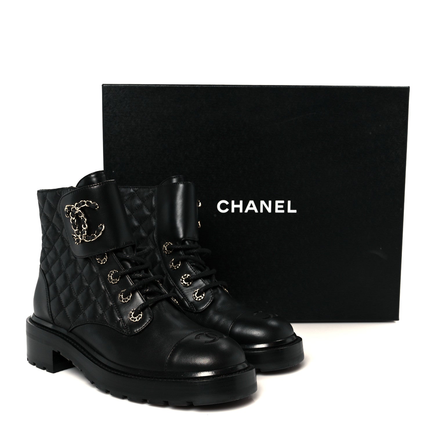 Chanel Shiny Lambskin Quilted Lace Up Combat Boots 39 Black 11 of 11